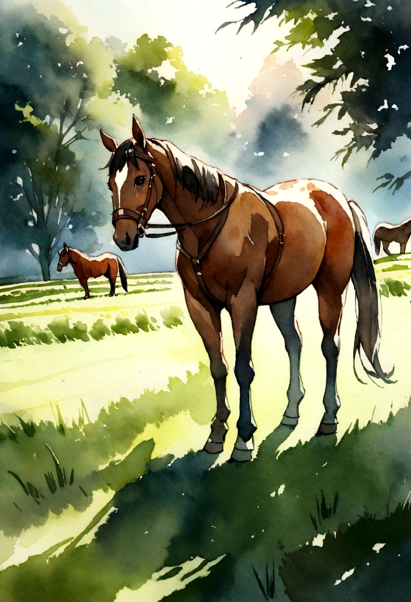 country estate in the field, trees, Horse, watercolor