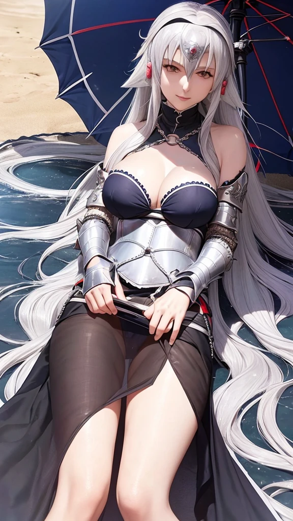 Silver hair, long hair, (((Jeanne d'Arc Alter))) Big breasts, navy blue bikini, lying under a parasol at the beach in summer