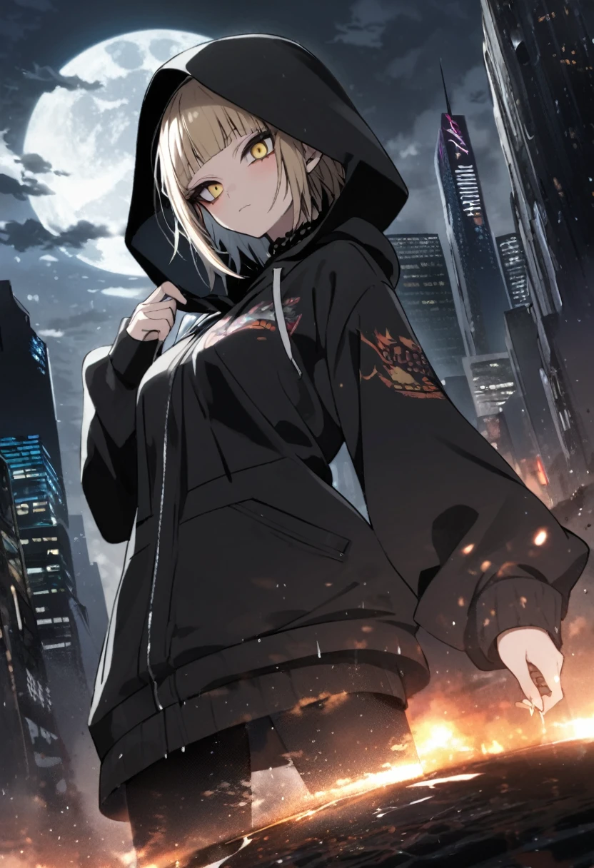 Himiko Toga、Wearing a black hood、Rainy dark night city、