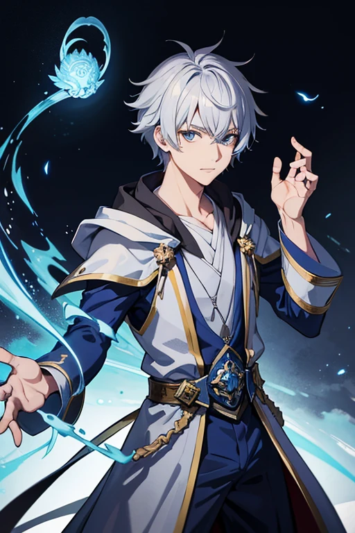 masterpiece, Highest quality, High resolution,Anime Style、Anatomically correct、Silver Hair、Short Hair、male、Wizard、Robe、magic、Blue flames fly around、With an ancient castle in the background、Upper body only