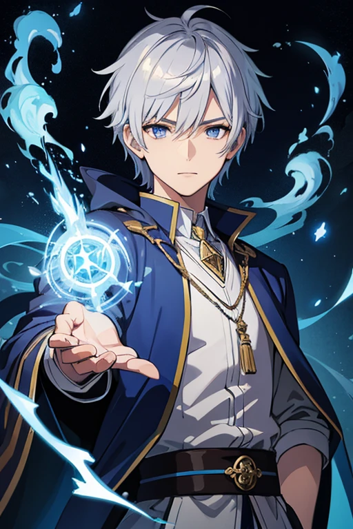 masterpiece, Highest quality, High resolution，Anime Style、Anatomically correct、Silver Hair、Short Hair、male、Wizard、Robe、magic、Blue flames fly around、With an ancient castle in the background、Upper body only