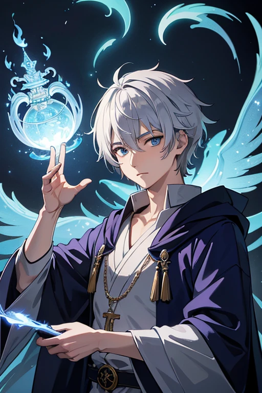 masterpiece, Highest quality, High resolution,Anime Style、Anatomically correct、Silver Hair、Short Hair、male、Wizard、Robe、magic、Blue flames fly around、With an ancient castle in the background、Upper body only