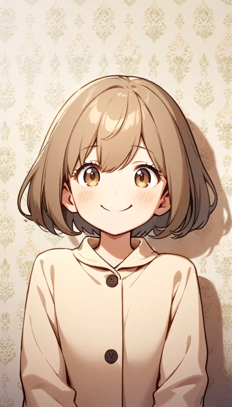 one person，Brown hair，big sister，Beige coat，Lazy，Smile，Half Body，one person，Natural facial expression，one person，short hair，wallpaper，画面中只有one person