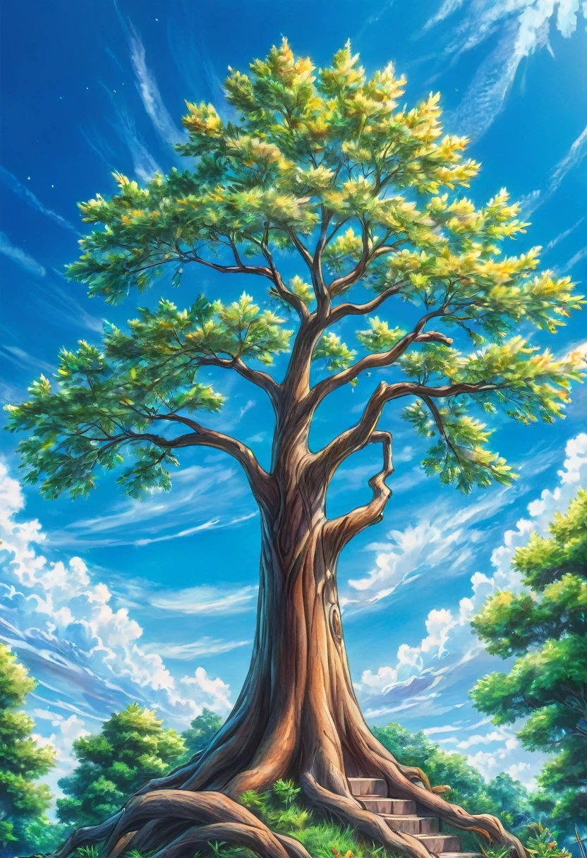 tree, colourpencils style, anime, blue sky background