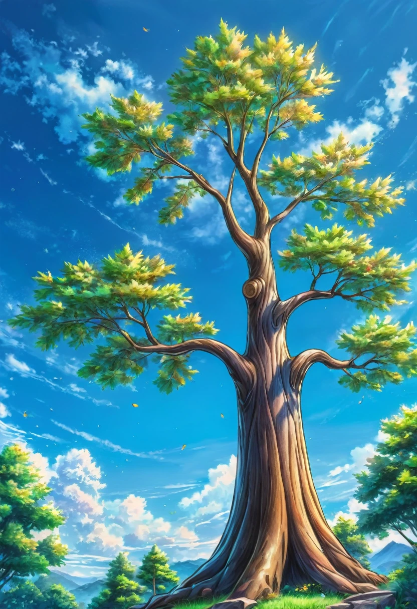 tree, colourpencils style, anime, blue sky background