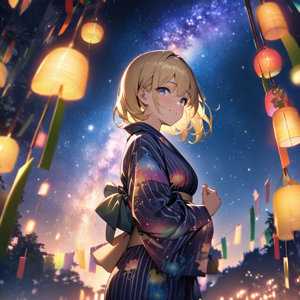 Top quality, masterpiece, Wishing Girl,Blonde,blue eyes,Double Exposure, best smile, looking up at the sky, yukata, Milky Way, night view, Tanabata Festival, large tall bamboos and colorful hanging decoration,gold light particles effect