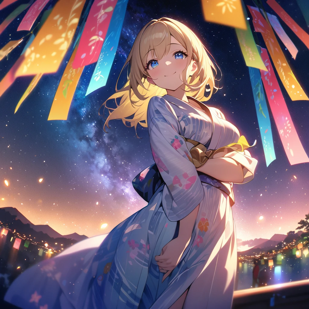 Top quality, masterpiece, Wishing Girl,Blonde,blue eyes,Double Exposure, best smile, looking up at the sky, yukata, Milky Way, night view, Tanabata Festival, large tall bamboos and colorful hanging decoration,gold light particles effect
