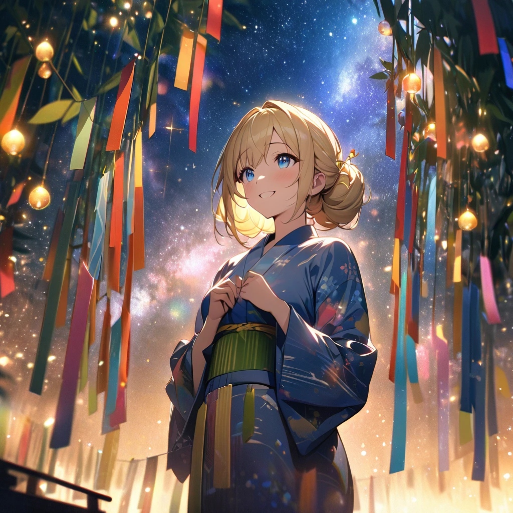 Top quality, masterpiece, Wishing Girl,Blonde,blue eyes,Double Exposure, best smile, looking up at the sky, yukata, Milky Way, night view, Tanabata Festival, large tall bamboos and colorful hanging decoration,gold light particles effect