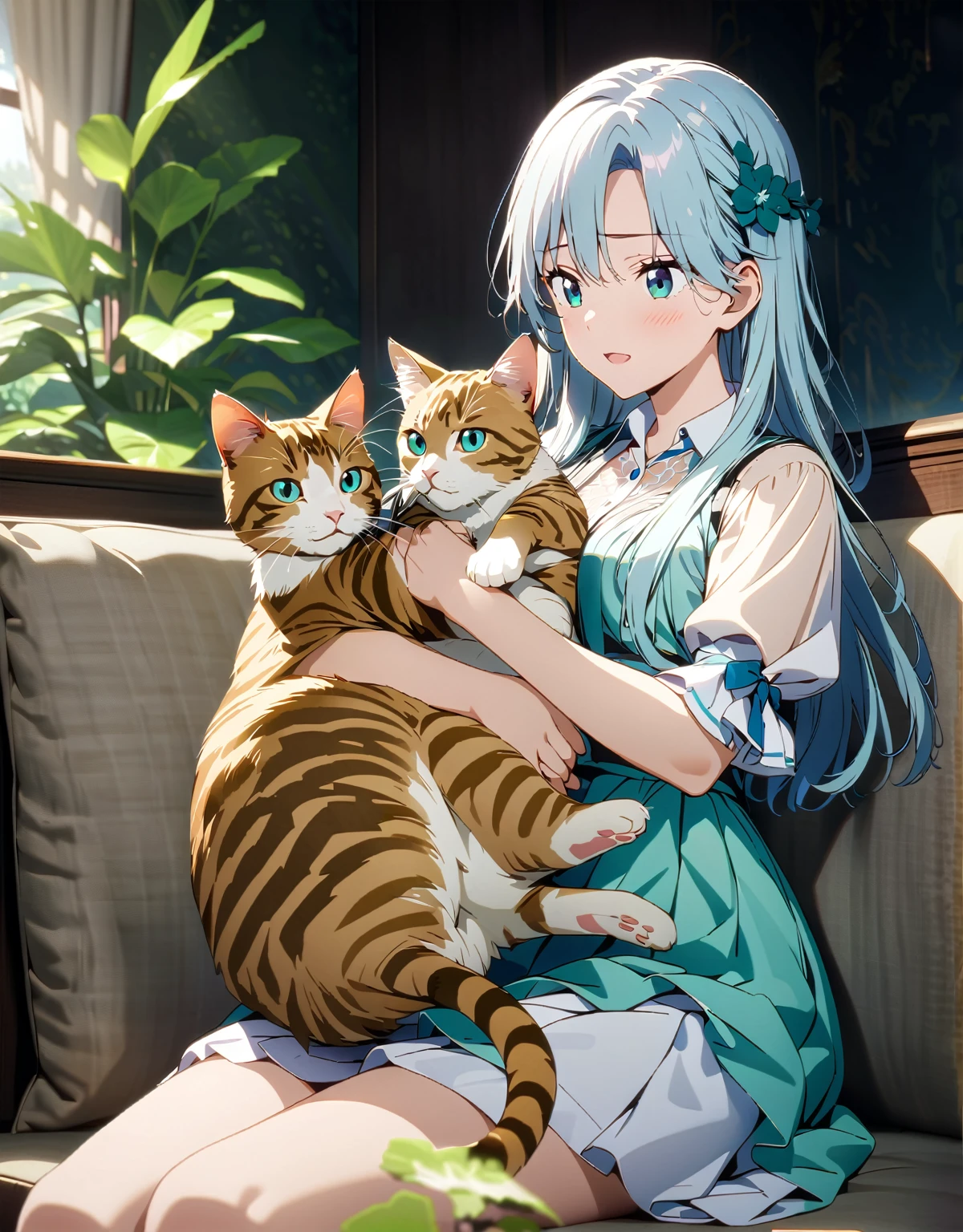 (超detailedなイラスト:1.2),Very delicate and beautiful，非常にdetailed，CG，Unity，8k wallpaper，wonderful，detailed，masterpiece，The best quality in the best condition，Official Art，非常にdetailed CG 8k Unbelievably ridiculous resolution,Beautiful and exquisite,High resolution，非常にdetailedな目と顔,Anime girl sitting on the sofa with a cat in her arms, 