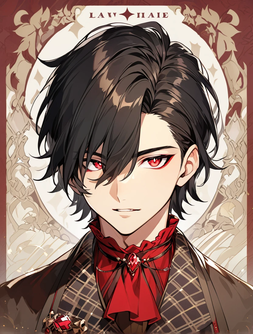 (Black_Hair), (red_ruby_eyes), (Handsome), (attractive), (male), (detailed_eyes), (detailed_hair), (clean_hair),  (vertical_pupils), (jawline), (wears_old_fashioned_outfit), (in_his_late_teens), (short_hair)