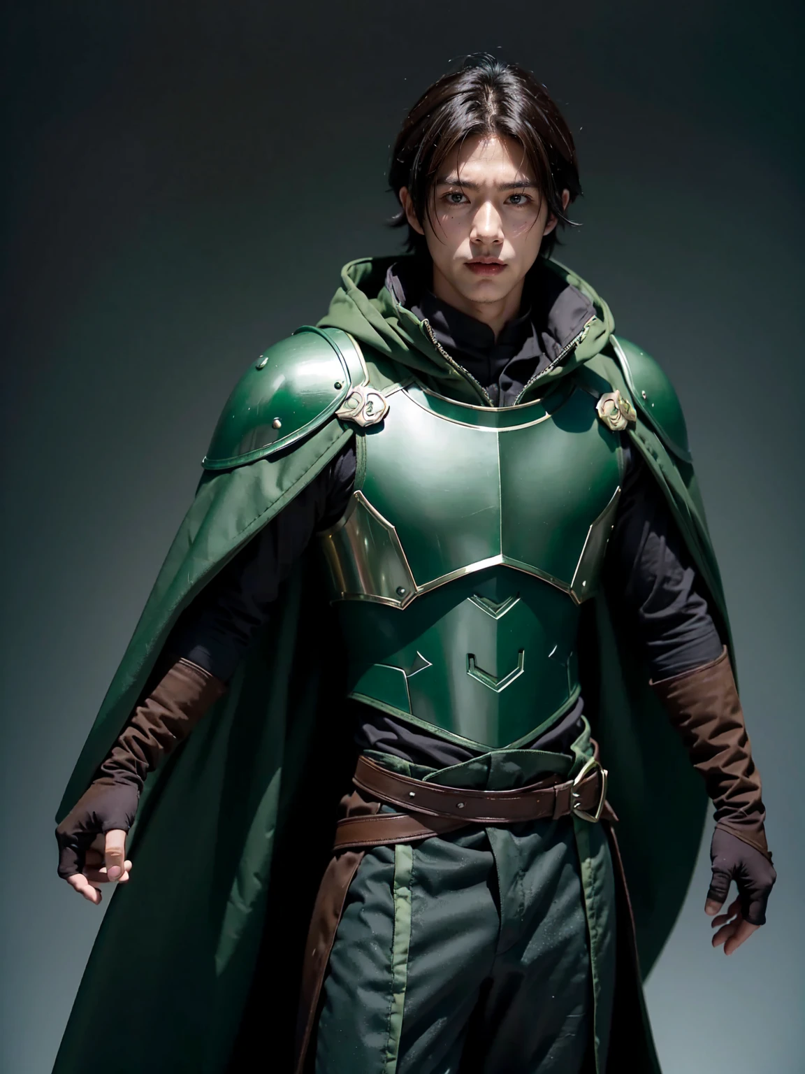 yuichiro hyakuya, happy, 1 boy, black hair, green eyes, brown coat, gray armor, green shield, green cloak, dark brown gloves, dungeon, anime, standing, good quality, portrait, looking at viewer