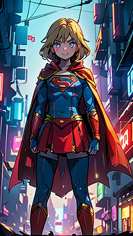 best quality,masterpiece,1girl,solo,(((13years old))),japanese boy,an extremely cute and handsome boy,highly detailed beautiful face and eyes,petit,cute face,lovely face,baby face,shy smile,show teeth, Blonde hair,Long hair,flat chest,skinny,slender,(((wearing a Supergirl costume,red cape))),(((standing in Dark Midnight Neon Glow light Cyberpunk metropolis city))),he is looking at the viewer,