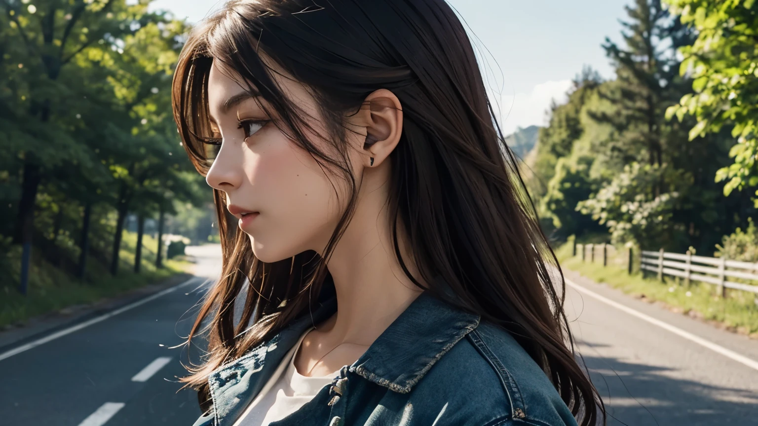 Upper body close-up image.Beautiful woman's profile. Dark brown hair. She is walking along a country road while listening to music on headphones. Wearing a jacket and black jeans. The fresh greenery is beautiful. An image of early spring.