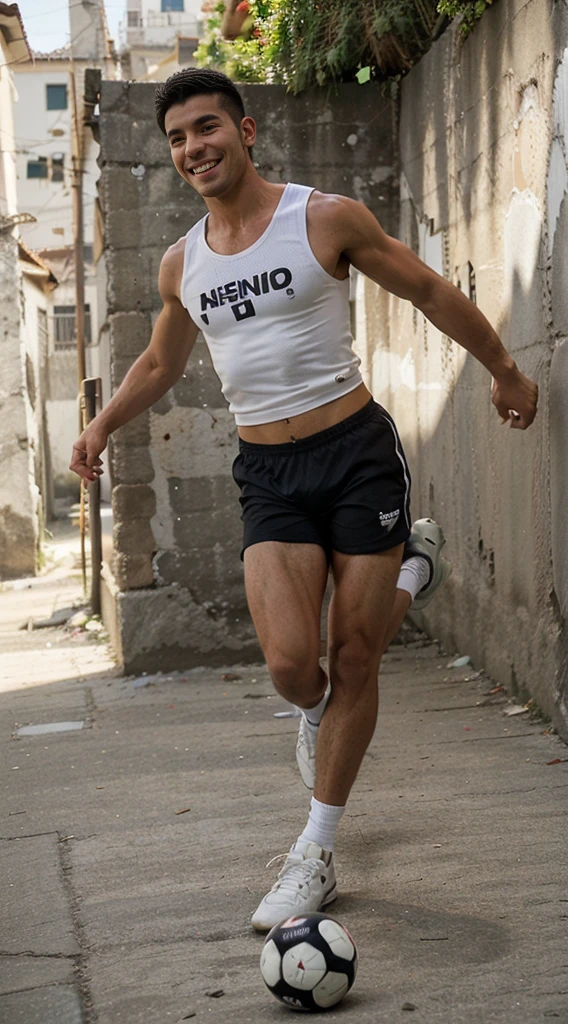  handsome guy, street football player, athletic build, Peruvian nationality, smiling, in move, one leg is bent and kicks a soccer ball, one foot is on the ground, full length, semi profile, wearing a white sleeveless tank top and black shorts, Excellent quality, Photo, excellent dentalization, high quality 