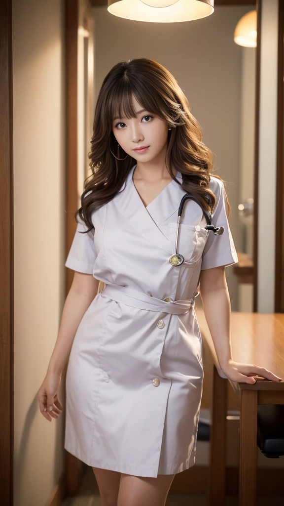 ((masterpiece,Highest quality)), (Like the picture:1.4),((Tabletop,8K)),High resolution,Studio Soft Light, Rim Light, Vivid details, Realistic skin texture,Japanese, One beautiful woman, Long Hair, Wavy Hair, Faint, thin bangs, compensate, 38 years old, Detailed skin, Nurse uniform, Are standing, Full body photo, View your viewers、Hospital corridor