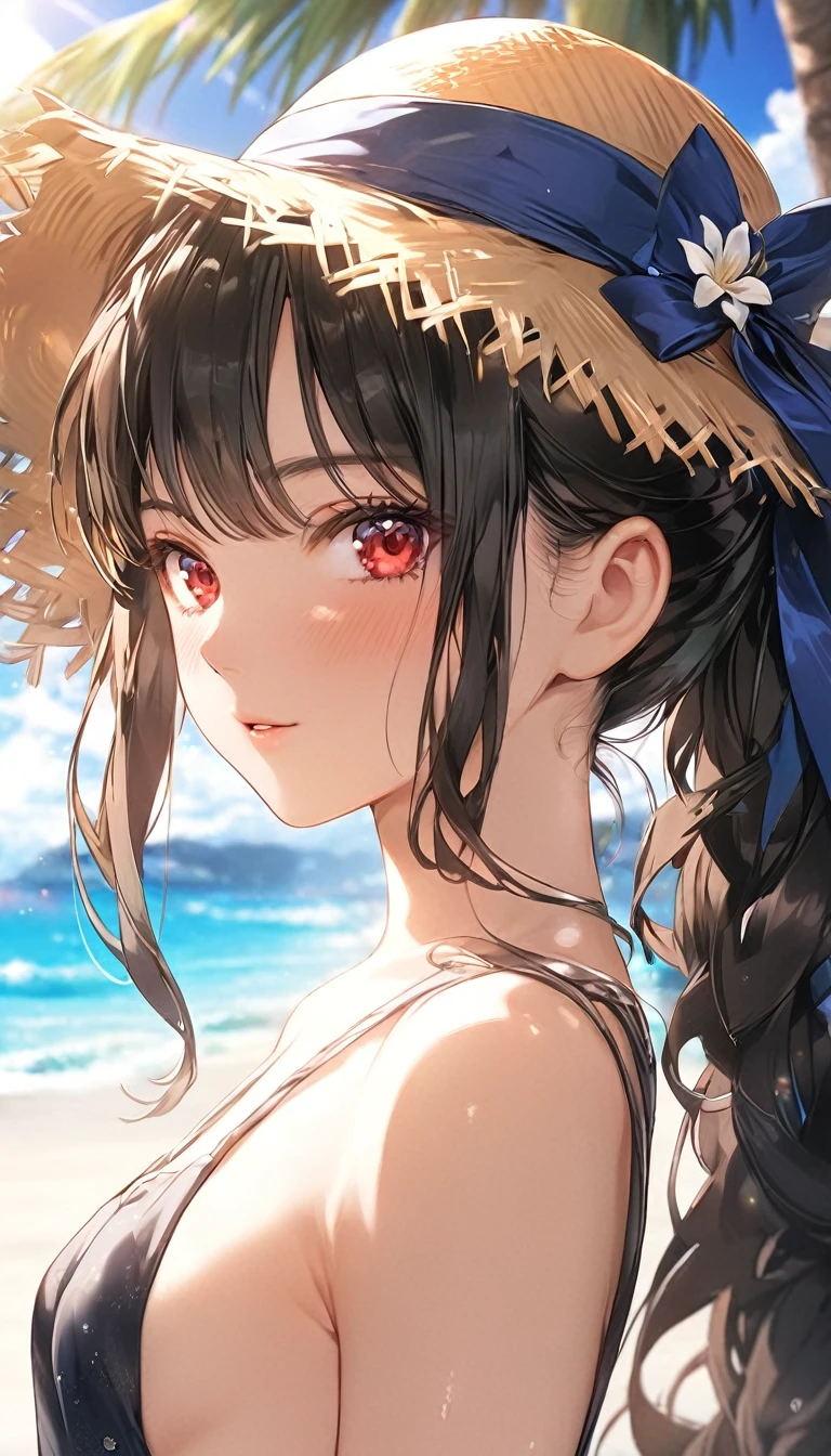 (masterpiece, Highest quality), extremely detailed CG unity 8k wallpaper, Ultra-fine illustrations, (detailed_face:1.2), Break 1 Girl, Long black hair with a straw hat, Small breasts, (Glamorous look), Red eyes, Anime Style 4K, Beautiful anime portraits, Anime Moe Art Style, anime art wallpaper 4k, High quality anime art style, Anime style portrait, Familiar with digital animation art, Anime Art Wallpapers 8K, Cute Anime Girl Portrait, Hawaii Background, blue sea, Palm tree, sunlight, whole body, Breaking Depth of Field, Perfect hands, nice refer tos, 5_refer to, 4_refer to,1_親refer to,