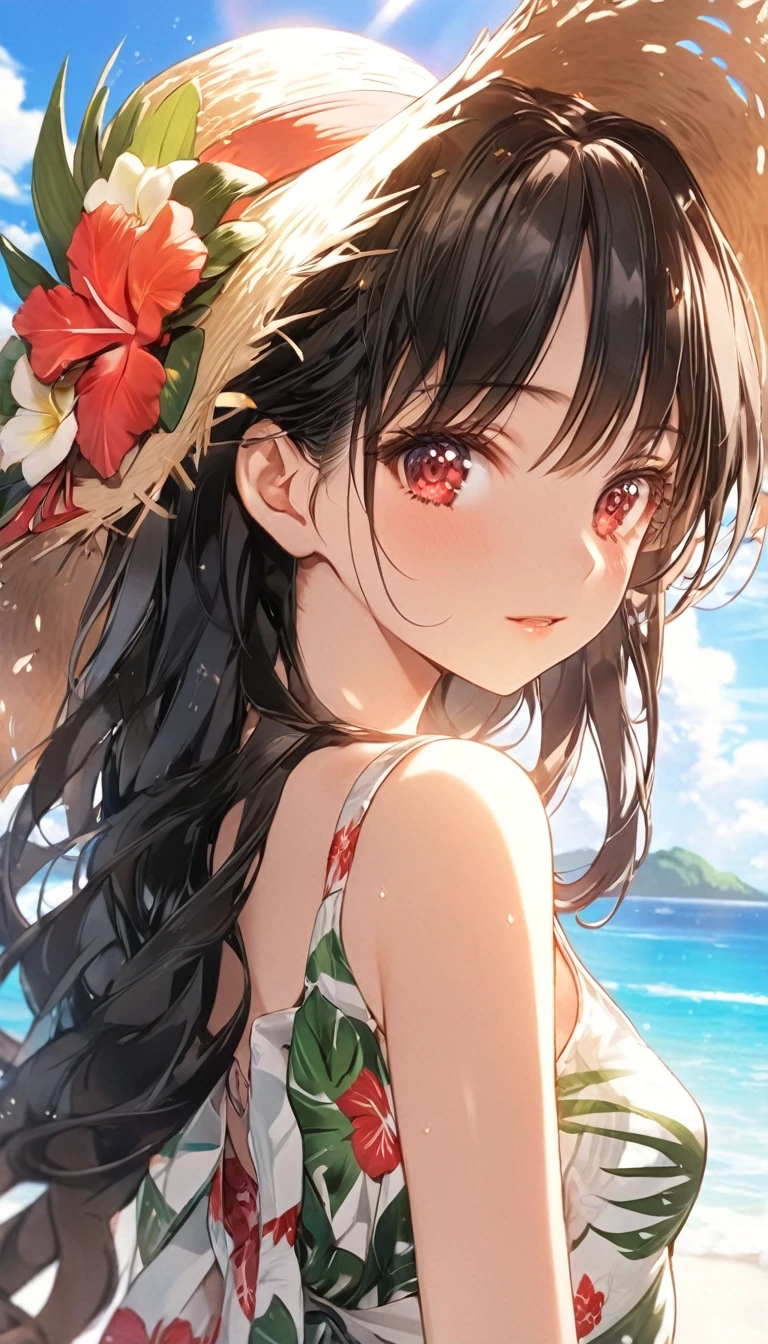 (masterpiece, Highest quality), extremely detailed CG unity 8k wallpaper, Ultra-fine illustrations, (detailed_face:1.2), Break 1 Girl, Long black hair with a straw hat, Small breasts, (Glamorous look), Red eyes, Anime Style 4K, Beautiful anime portraits, Anime Moe Art Style, anime art wallpaper 4k, High quality anime art style, Anime style portrait, Familiar with digital animation art, Anime Art Wallpapers 8K, Cute Anime Girl Portrait, Hawaii Background, blue sea, Palm tree, sunlight, whole body, Breaking Depth of Field, Perfect hands, nice refer tos, 5_refer to, 4_refer to,1_親refer to,