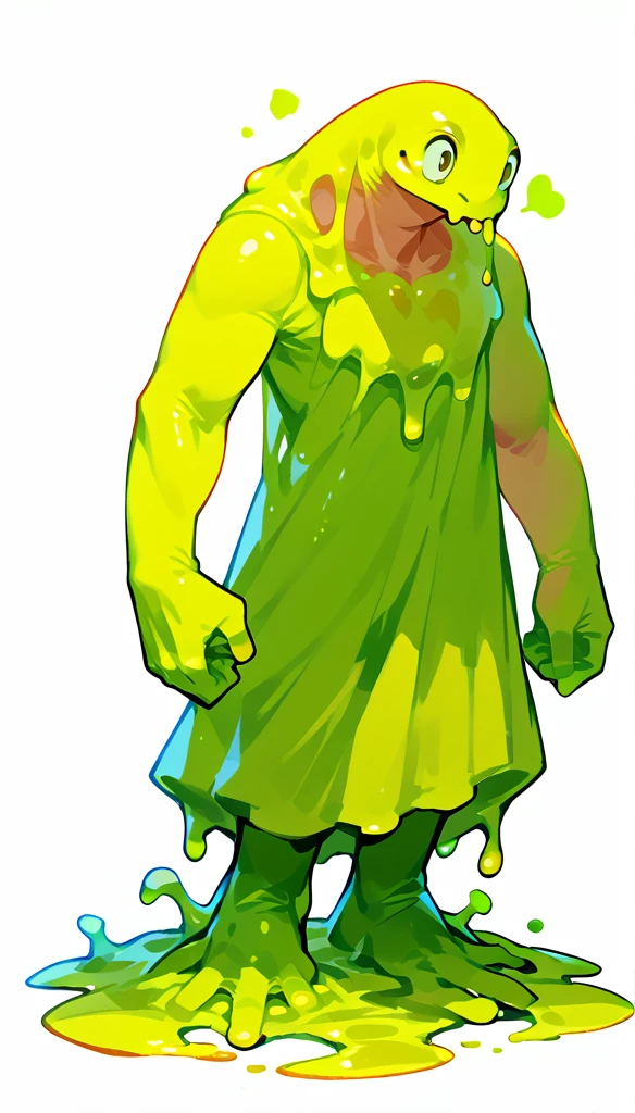 20 years old man, surrounded by slime and green liquid , big bulge, naked top, see through transparent pant , vivid colors