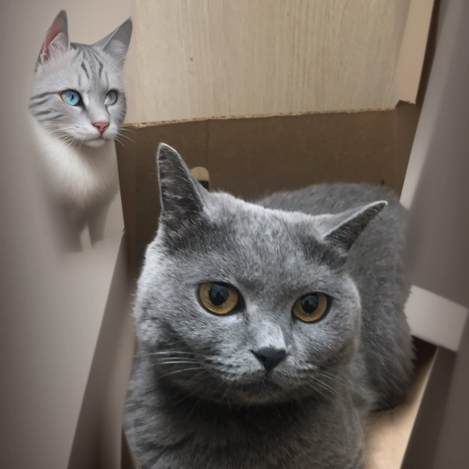 there is a cat that is sitting in a box, smokey, large grey eyes, smoky, grey-eyed, big grey blue eyes, grey ears, short light grey whiskers, pointed face and grey eyes, grey eyes, photo of a cat, greyish blue eyes, by Maksimilijan Vanka, very handsome, narrow blue grey eyes