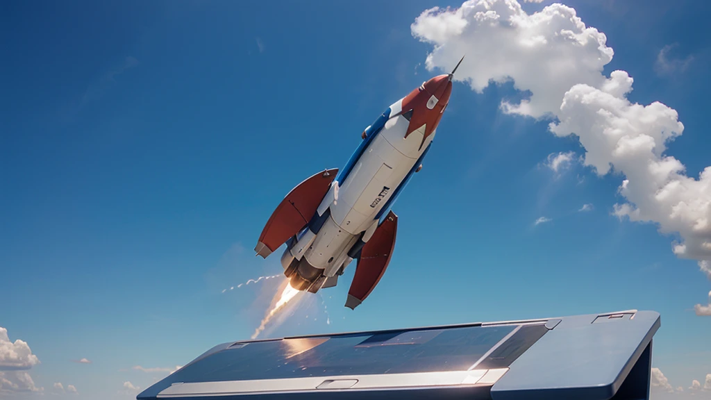 Rocket coming out of laptop screen, blue background