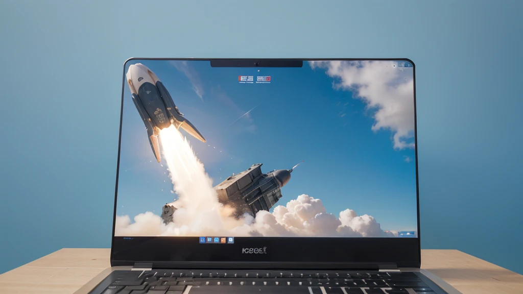 Rocket coming out of laptop screen, blue background
