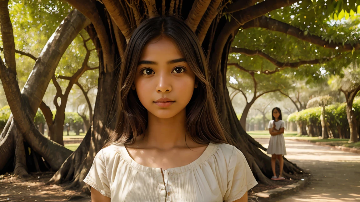 "Create an image of a young girl named Mira standing beneath the banyan tree. She has a kind and inquisitive expression, looking up in wonder at the angel. Mira should appear innocent and thoughtful, with a sense of awe in her eyes."