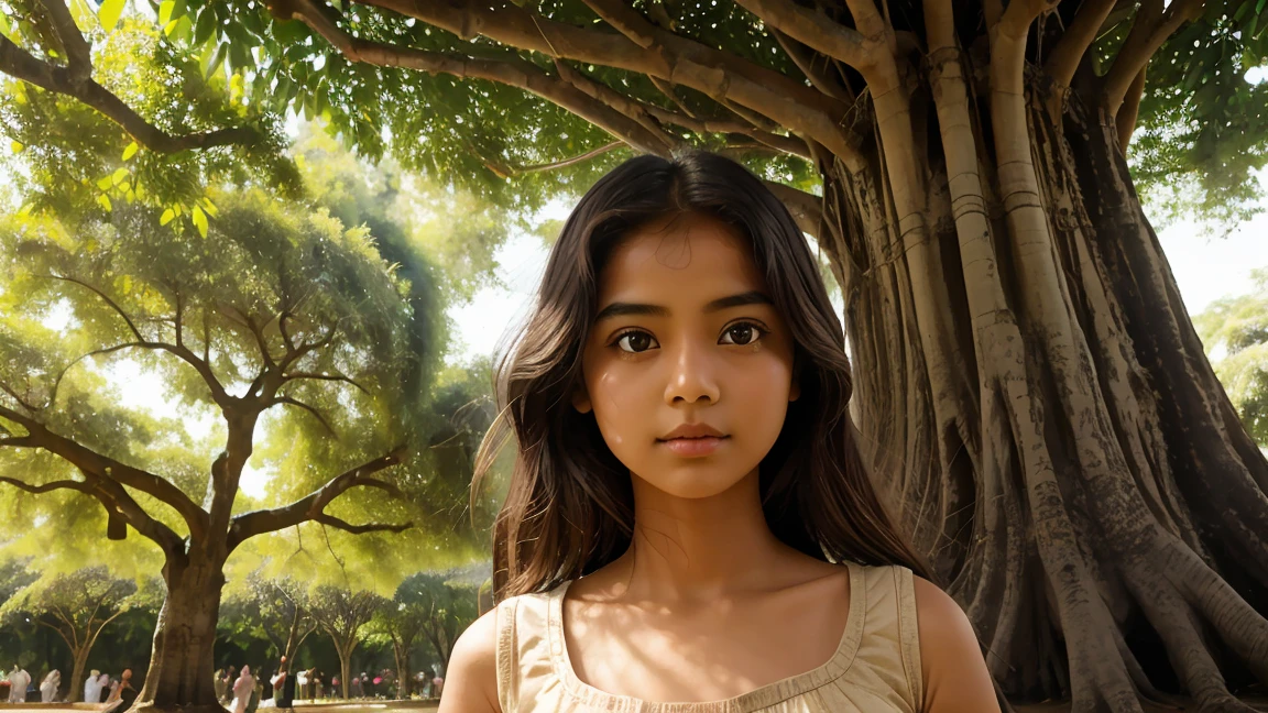 "Create an image of a young girl named Mira standing beneath the banyan tree. She has a kind and inquisitive expression, looking up in wonder at the angel. Mira should appear innocent and thoughtful, with a sense of awe in her eyes."