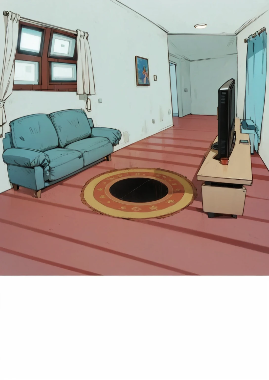 a living room with a 3-seater sofa ,a round rug, a TV and a window with an ultra realistic white curtain,red floor floor
