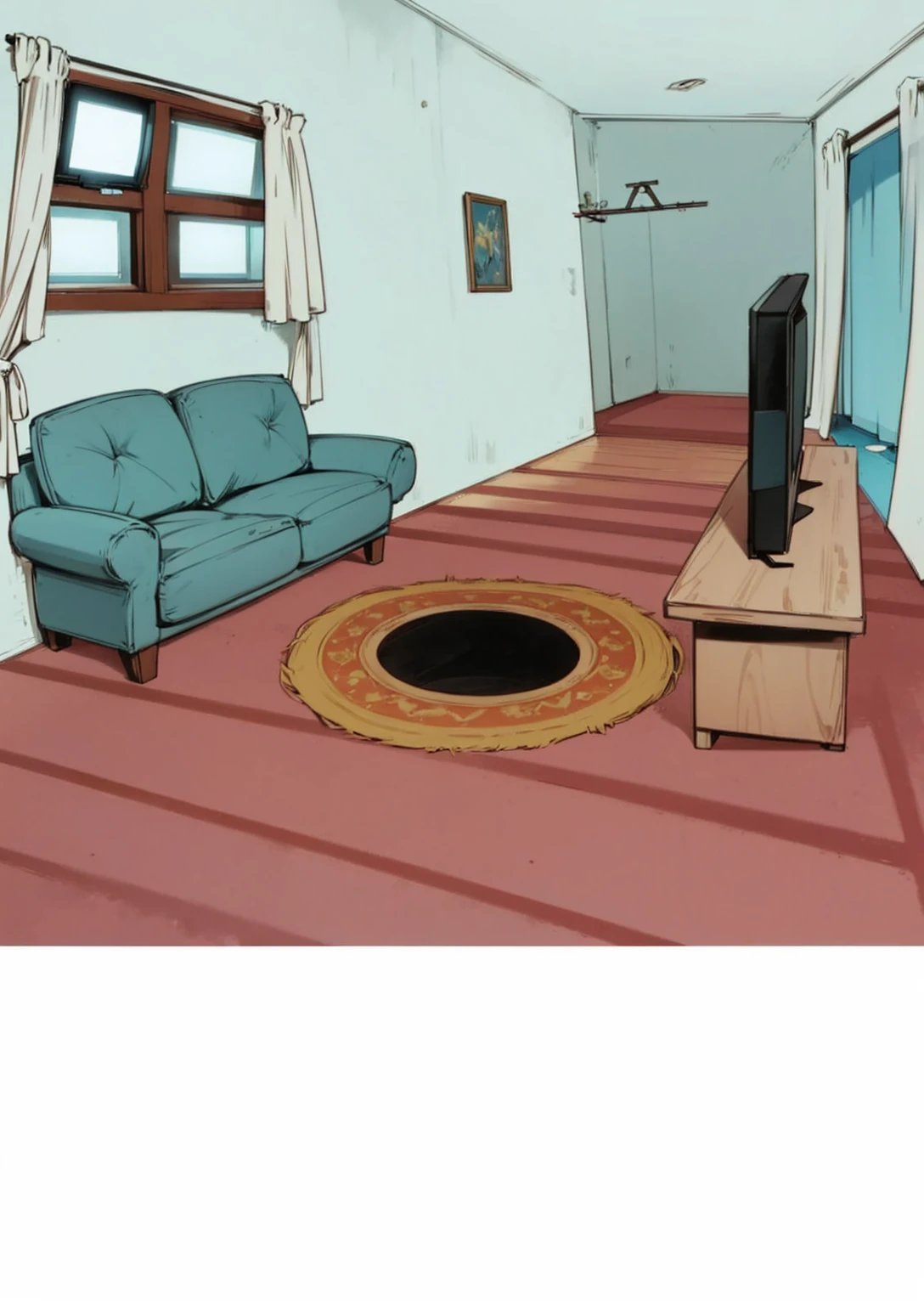 a living room with a 3-seater sofa ,a round rug, a TV and a window with an ultra realistic white curtain,red floor floor