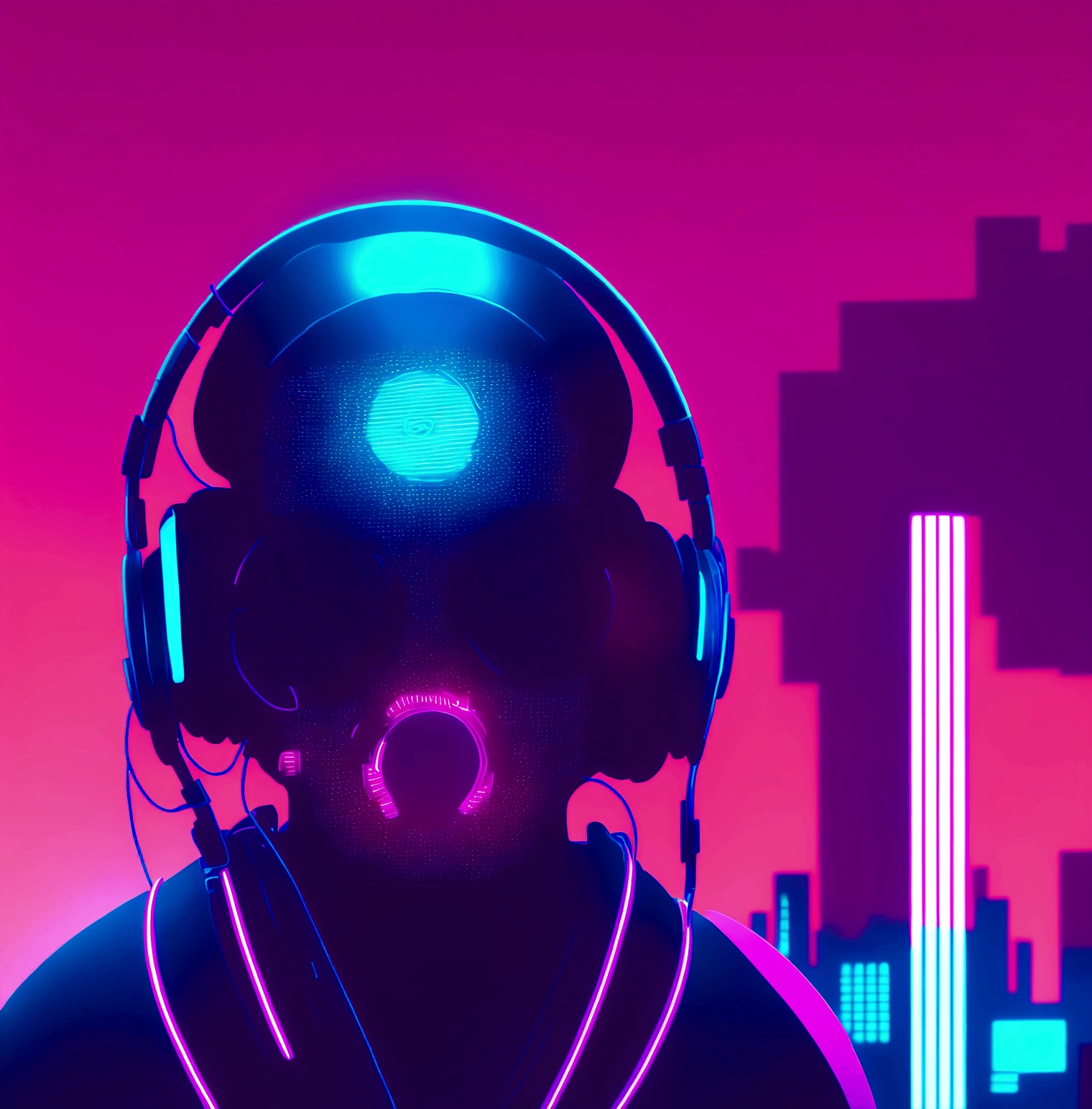 a close up of a person wearing headphones in front of a city, a character portrait inspired by miles johnston, deviantart contest winner, serial art, lofi portrait, lofi artstyle, ( ( ( synthwave ) ) ), procreate illustration, synthwave art style ]!!, [ synthwave art style ]!!, synthwave inspired