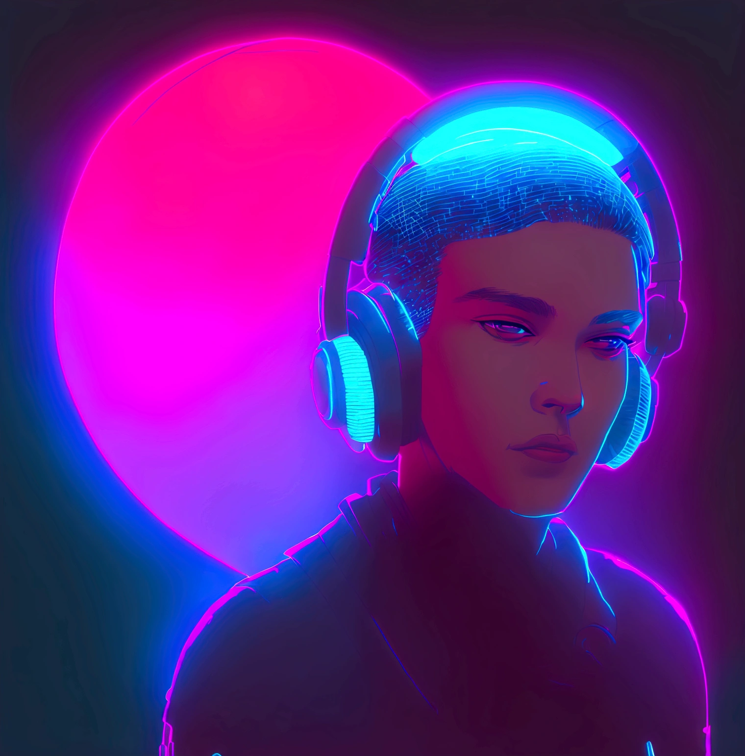 a close up of a person wearing headphones in front of a city, a character portrait inspired by miles johnston, deviantart contest winner, serial art, lofi portrait, lofi artstyle, ( ( ( synthwave ) ) ), procreate illustration, synthwave art style ]!!, [ synthwave art style ]!!, synthwave inspired
