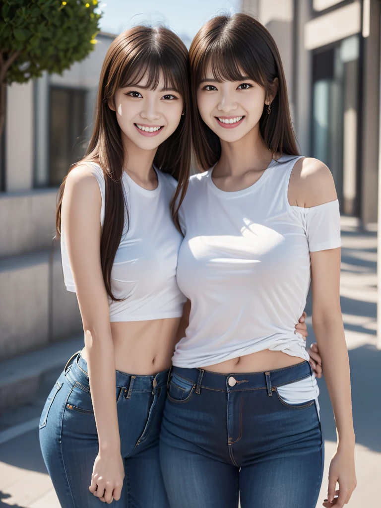 Highest quality, masterpiece, Ultra-high resolution, (Realistic:1.4), 20-year-old,((2 girls)),((They are cheek to cheek.)),super high quality,8K,thinウエスト,thin脚,thin and beautiful arms,Beautiful fingers,((Super Realistic image quality)),sale eye makeup,thin,Medium Chest,Soft Breasts,(((生地thin短いタイトなＴShirt and jeans only))),The shirt is short、 ,,Beautiful breasts,((Straight hair to shoulders)),((Bangs short)),Realistic,Image Media Chest)),((Smiling with teeth showing)),((Big smile))