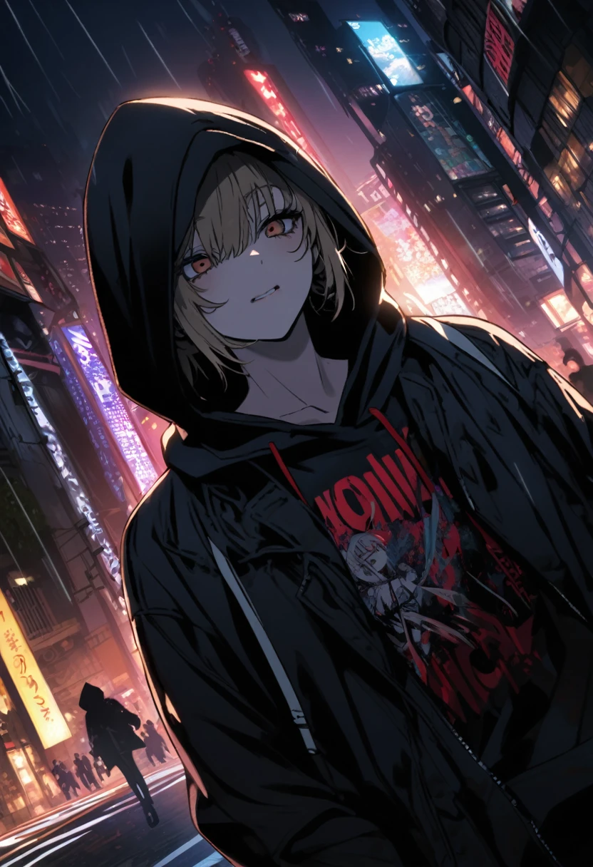 Himiko Toga、Wearing a black hood、Rainy dark night city、
