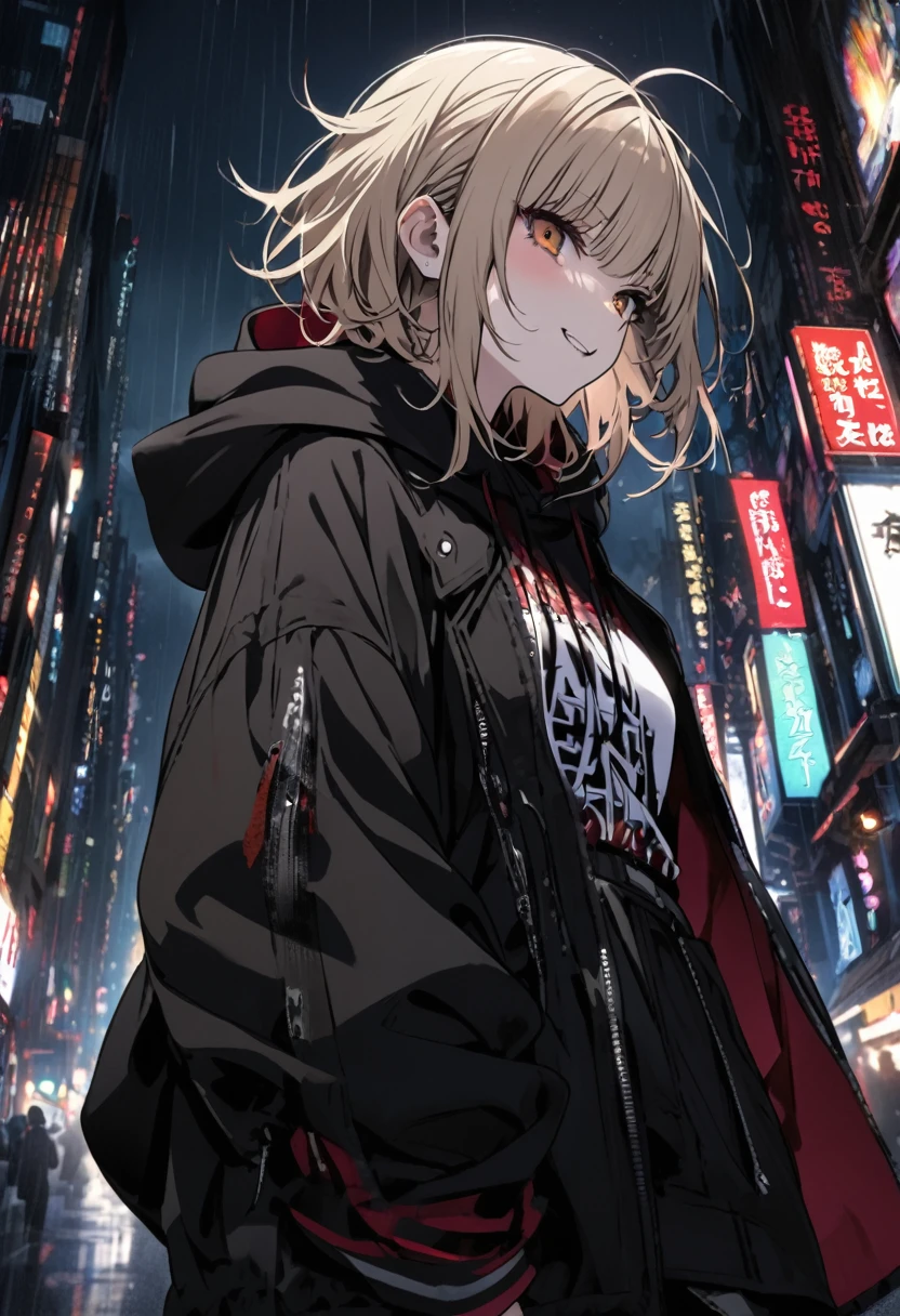 Himiko Toga、Wearing a black hood、Rainy dark night city、