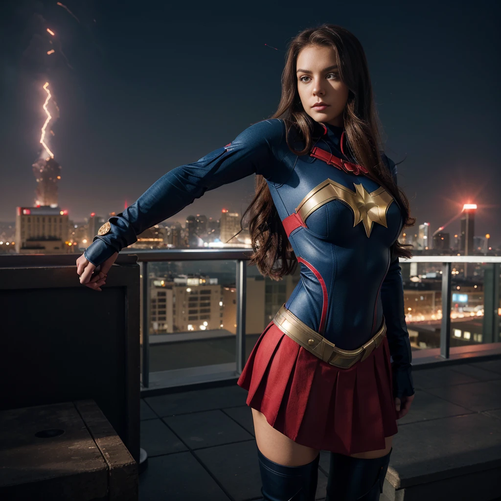 A stunning, high-resolution group image featuring the female versions of iconic superheroes standing together in a powerful, united pose. Each heroine is depicted with a strong yet feminine build, showcasing their unique costumes and characteristics with elegant, feminine touches, all incorporating skirts. Superwoman wears a vibrant blue bodysuit with a bold, red 'S' emblem on her chest, a matching blue skirt, a flowing red cape draped over her shoulders, and stylish red boots. Her hair flows freely in soft waves, and she stands confidently with one hand on her hip. Batgirl is clad in a dark, midnight blue bodysuit with a gold bat emblem on her chest, a matching blue skirt, a flowing black cape, and gold-trimmed boots. Her utility belt is practical yet subtly stylish, and her long, wavy hair flows freely from her cowl. She stands vigilantly, holding a batarang. Spider-Woman wears a sleek red and blue bodysuit with a web pattern, a matching red and blue skirt, and a white spider emblem on her chest. Her mask covers her eyes, allowing her long hair to flow out. She stands in an agile, ready-to-leap pose, one hand extended as if ready to shoot webs. Iron Woman is in a high-tech, form-fitting armor suit in red and gold, with a glowing arc reactor on her chest, a matching red and gold skirt, and stylish red and gold boots. Her helmet is off, revealing her confident expression and sleek hair. She stands with one hand on her hip and the other arm extended, repulsor ready to fire. Captain America (female version) wears a blue bodysuit with white and red accents, a matching blue skirt, a white star emblem on her chest, and red boots. She holds a circular shield with the iconic star and stripes. Her hair is tied back in a practical yet stylish manner, and she stands with the shield raised, ready to defend. They are all posed together on a rooftop against the backdrop of a city skyline at sunset, casting a warm, golden light over the scene. 