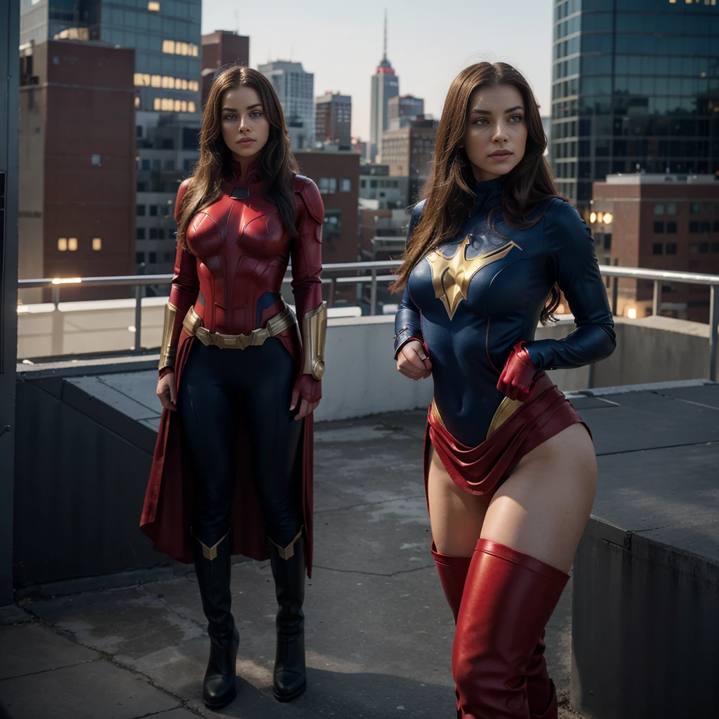 A stunning, high-resolution group image featuring the female versions of iconic superheroes standing together in a powerful, united pose. Each heroine is depicted with a strong yet feminine build, showcasing their unique costumes and characteristics with elegant, feminine touches, all incorporating skirts. Superwoman wears a vibrant blue bodysuit with a bold, red 'S' emblem on her chest, a matching blue skirt, a flowing red cape draped over her shoulders, and stylish red boots. Her hair flows freely in soft waves, and she stands confidently with one hand on her hip. Batgirl is clad in a dark, midnight blue bodysuit with a gold bat emblem on her chest, a matching blue skirt, a flowing black cape, and gold-trimmed boots. Her utility belt is practical yet subtly stylish, and her long, wavy hair flows freely from her cowl. She stands vigilantly, holding a batarang. Spider-Woman wears a sleek red and blue bodysuit with a web pattern, a matching red and blue skirt, and a white spider emblem on her chest. Her mask covers her eyes, allowing her long hair to flow out. She stands in an agile, ready-to-leap pose, one hand extended as if ready to shoot webs. Iron Woman is in a high-tech, form-fitting armor suit in red and gold, with a glowing arc reactor on her chest, a matching red and gold skirt, and stylish red and gold boots. Her helmet is off, revealing her confident expression and sleek hair. She stands with one hand on her hip and the other arm extended, repulsor ready to fire. Captain America (female version) wears a blue bodysuit with white and red accents, a matching blue skirt, a white star emblem on her chest, and red boots. She holds a circular shield with the iconic star and stripes. Her hair is tied back in a practical yet stylish manner, and she stands with the shield raised, ready to defend. They are all posed together on a rooftop against the backdrop of a city skyline at sunset, casting a warm, golden light over the scene. 