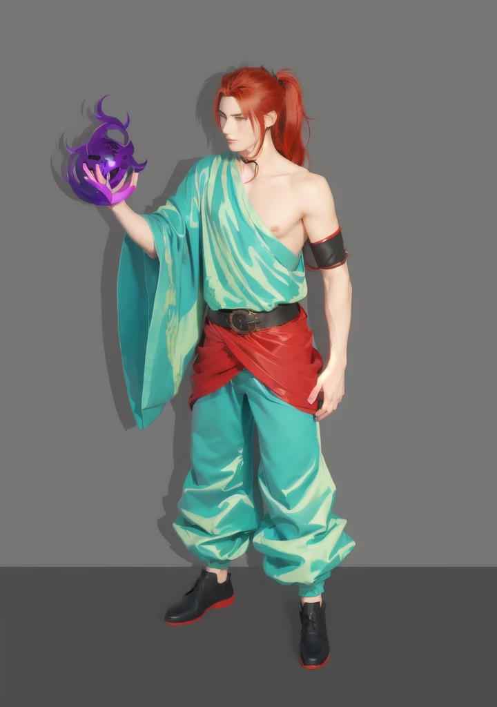 a cartoon of a woman in a blue and red outfit holding a purple object, full portrait of elementalist, anime style character, skinny male fantasy alchemist, evil male sorcerer, d & d style full body portrait, inspired by Chen Jiru, anime in fantasy style, as a dnd character, full body character concept, male djinn man demon hybrid