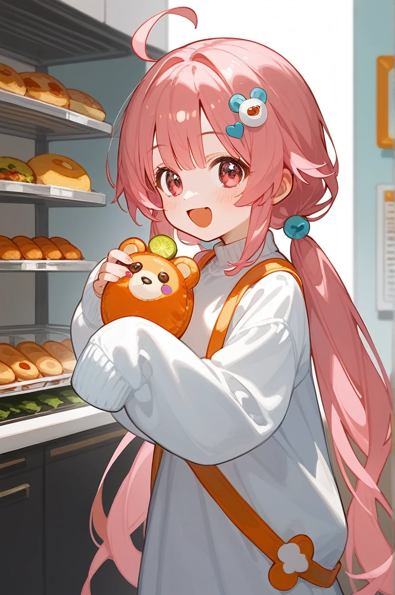 score_9,score_8_superior,score_7_superior,One girl,Pink Hair,alone,Twin tails,Food,Ahoge,Long Hair,Little,low Twin tails,hair ornaments,bangs,blush,smile,Are standing,whole body,very Long Hair,Open your mouth,In-person audience,Hair ties,Foodie,stuffed toy,Long sleeve,Food superior,動物のstuffed toy,:d,skin 牙,white Foodie,Holding,Simple Background,=_=,Shine,Sleeves are longer than your fingers,animal Food,