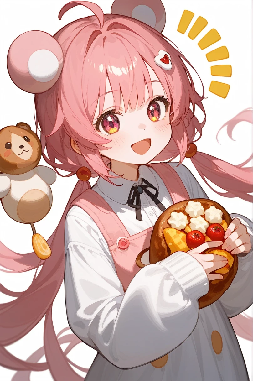 score_9,score_8_superior,score_7_superior,One girl,Pink Hair,alone,Twin tails,Food,Ahoge,Long Hair,Little,low Twin tails,hair ornaments,bangs,blush,smile,Are standing,whole body,very Long Hair,Open your mouth,In-person audience,Hair ties,Foodie,stuffed toy,Long sleeve,Food superior,動物のstuffed toy,:d,skin 牙,white Foodie,Holding,Simple Background,=_=,Shine,Sleeves are longer than your fingers,animal Food,