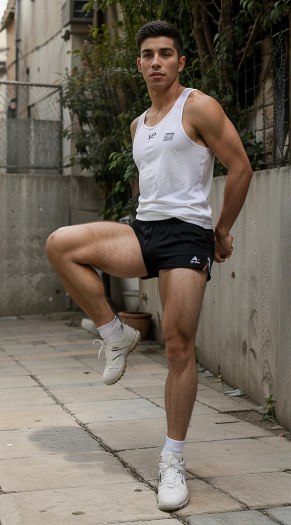 handsome guy, street football player, athletic build, Peruvian nationality, A slight smile, in move, one leg is bent and kicks a soccer ball, one foot is on the ground, full length, semi profile, wearing a white sleeveless tank top and black shorts, Excellent quality, Photo, excellent dentalization, high quality
