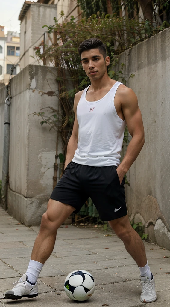 handsome guy, street football player, athletic build, Peruvian nationality, A slight smile, in move, one leg is bent and kicks a soccer ball, one foot is on the ground, full length, semi profile, wearing a white sleeveless tank top and black shorts, Excellent quality, Photo, excellent dentalization, high quality