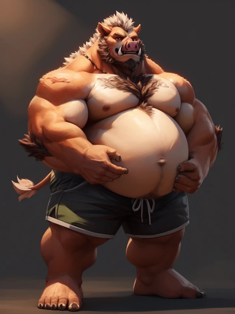 lucusold, lanxus, a man with a huge belly, furry boar, hog, fat ripped:1.2, chubby, more chubby , thicc, lowres, giant and fat, danbooru and artstation, heavy detailed, insanely inflated hips, topless, shorts, proportionally arms, fluffy chest, commission for high res, detailed but rough, semirealistic:1.3