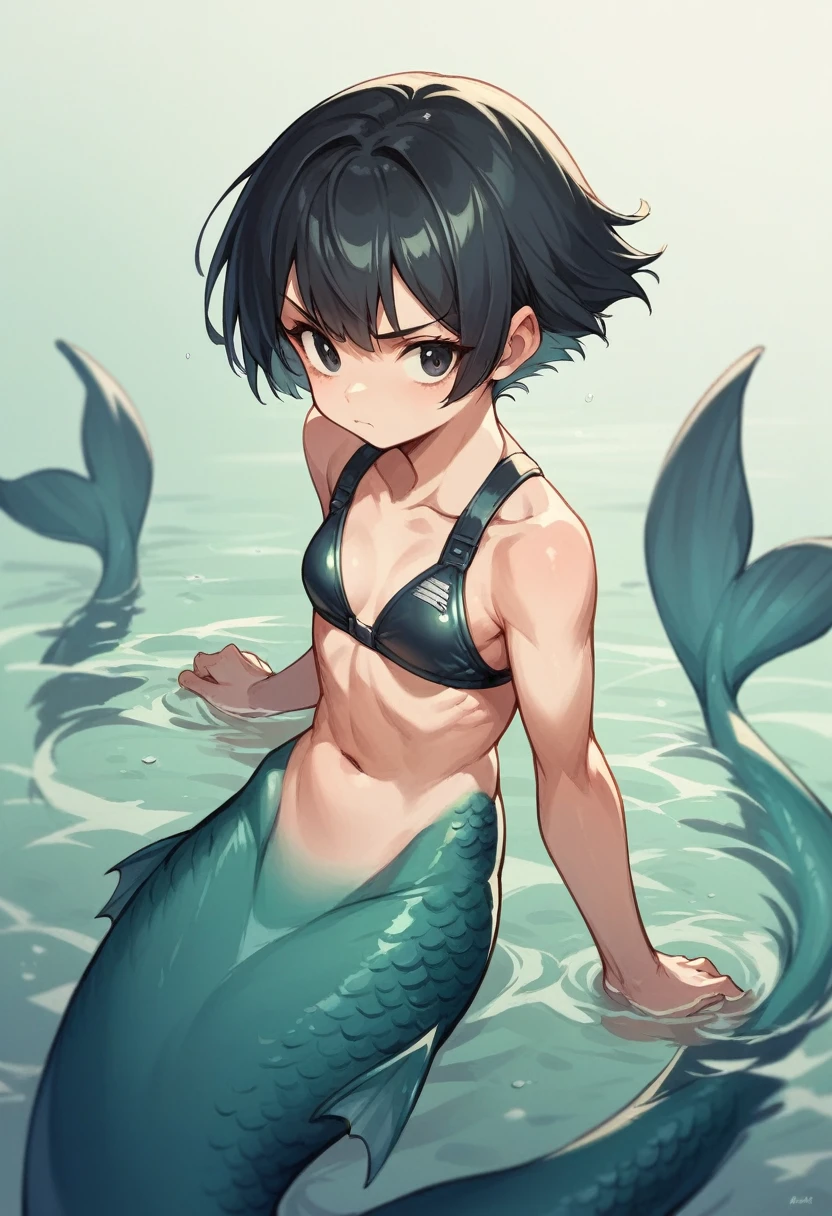 High resolution, Combat Bikini,Armed girl,Mermaid Suit,Dolphin tail fin,harpoon,cute,Small breasts,Hair is short bob,Black Hair, The background is submerged buildings,serious