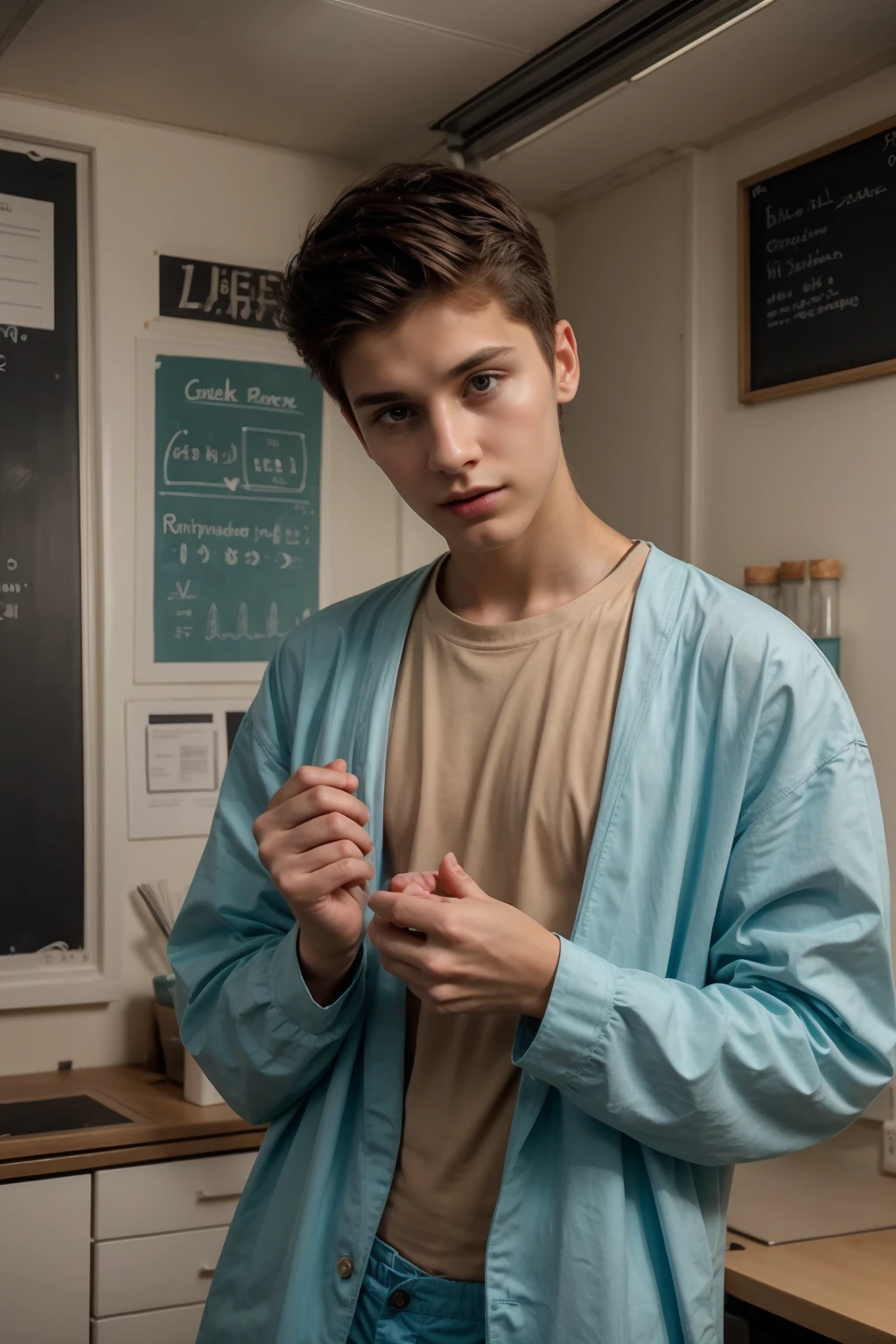 A beautiful young man, a cute male twink, with black hair, a face with reddish make-up, wearing a bright white long-sleeved shirt and aqua blue pants. He is in his office, and behind him is a blackboard on which is written the shape of the brain and its anatomy, and nuclear energy comes out of it.