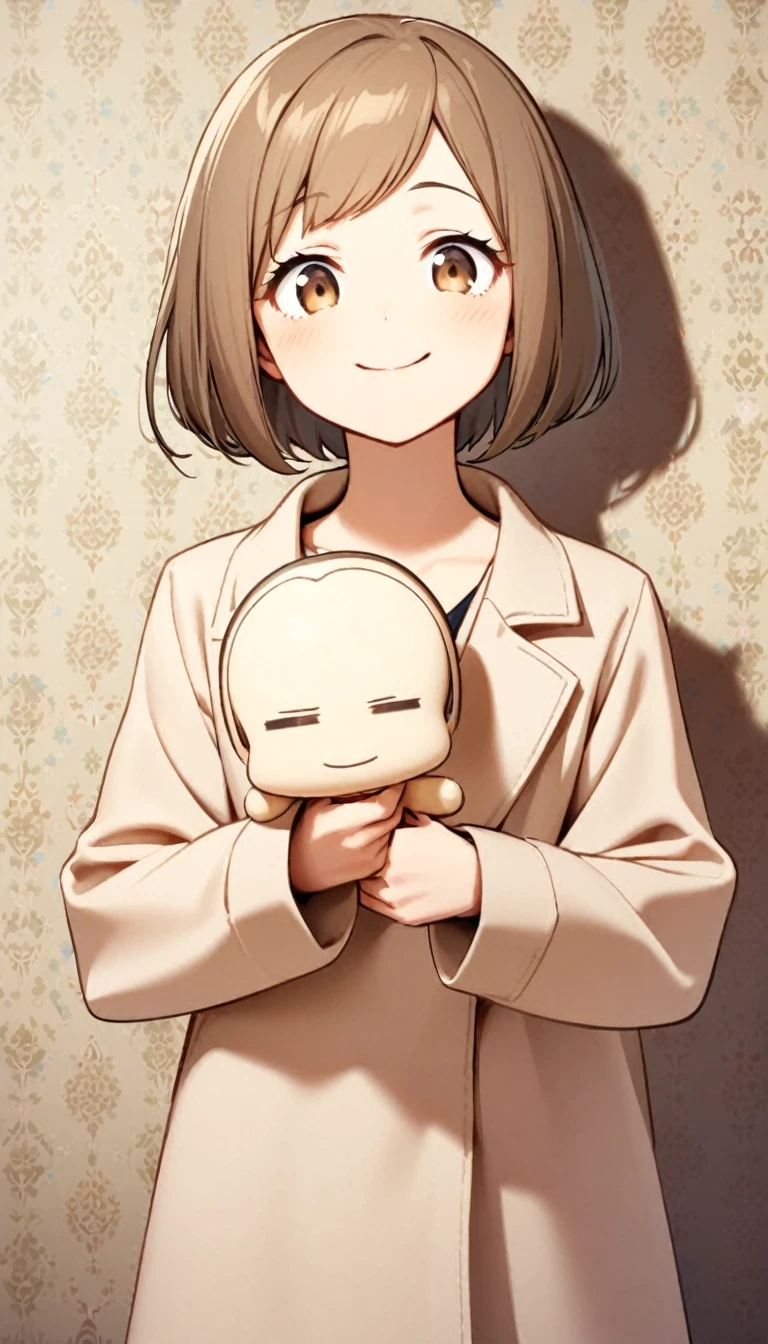 one person,Brown hair,big sister,Beige coat,Lazy,Smile,Half Body,one person,Natural facial expression,one person,short hair,wallpaper,画面中只有one person