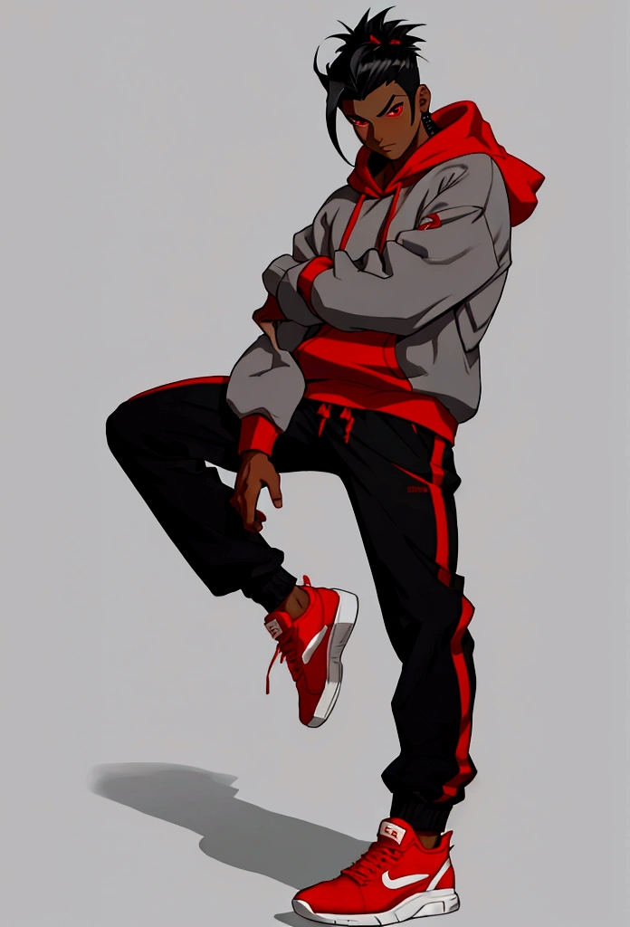 male character full body narutal pose red eyes dark skin black hair hoodie sweatshirt gray pants red sneakers perspective drawing