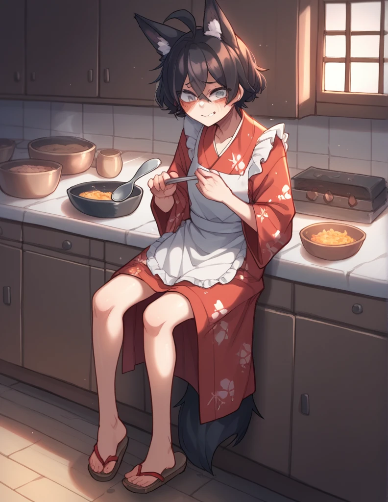 2 girl, alone, ppka, black fur, short hair, messy fur, Ahoge, parts, parts por todo el cuerpo, grey eyes, blind, embarrassed smile, looking at the viewer, embarrassed look, flushed,
Yukata, Yukata Corta, miko komino, white and red kimono, kimono with white and red accessories, brown apron, Maid Apron, apron tied with red ribbon, wooden sandals, japanese geta, fox ears, Fox tail, black tail, fox ears negras, 
Hand a little rough, spoon of soup in hand, 
kitchen, cooking, exposed feet, exposed thighs