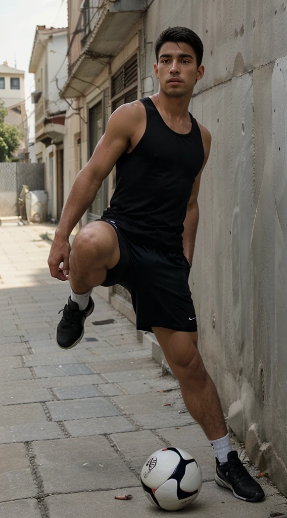 handsome guy, street football player, athletic build, Peruvian nationality, A slight smile, in move, one leg is bent and kicks a soccer ball, one foot is on the ground, full length, semi profile, wearing a white sleeveless tank top and black shorts, Excellent quality, Photo, excellent dentalization, high quality