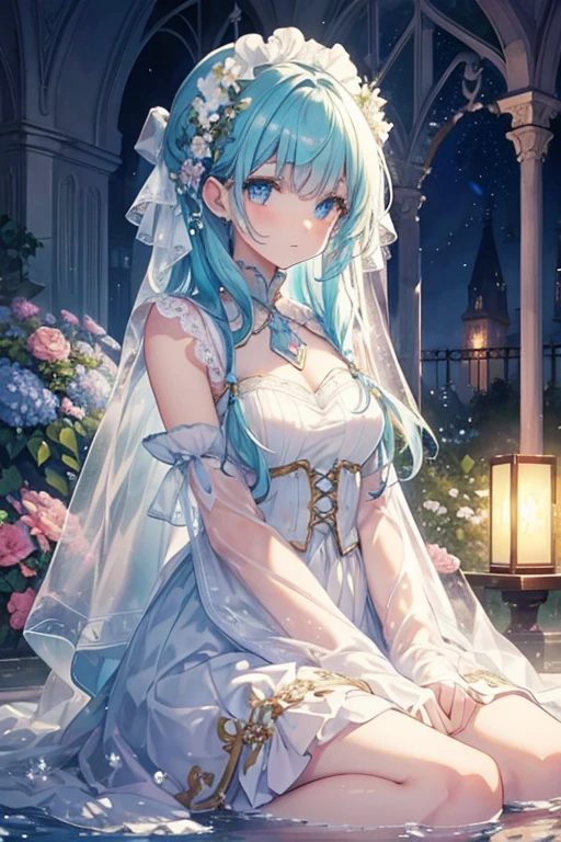 (high quality, 8K), (Soft Light), Iridescent, One Girl, Detailed face, Beautiful Eyes, watercolor paiting, So magical and dreamy, Dreamy details, Dreamy atmosphereとドラマ, Gorgeous atmosphere, Fantastic and beautiful lighting, Dreamy atmosphere, Beautiful atmosphere, Dreamy Romantic, Fantastic and dreamy theme, Magical atmosphere, Beautiful atmosphere, Anime Background Art, Magical atmosphere + Tabletop, Dreamy aesthetics, Beautiful details with atmosphere, Lots of flowers, bubble, water, garden, Sit on the ground, Shining Eyes