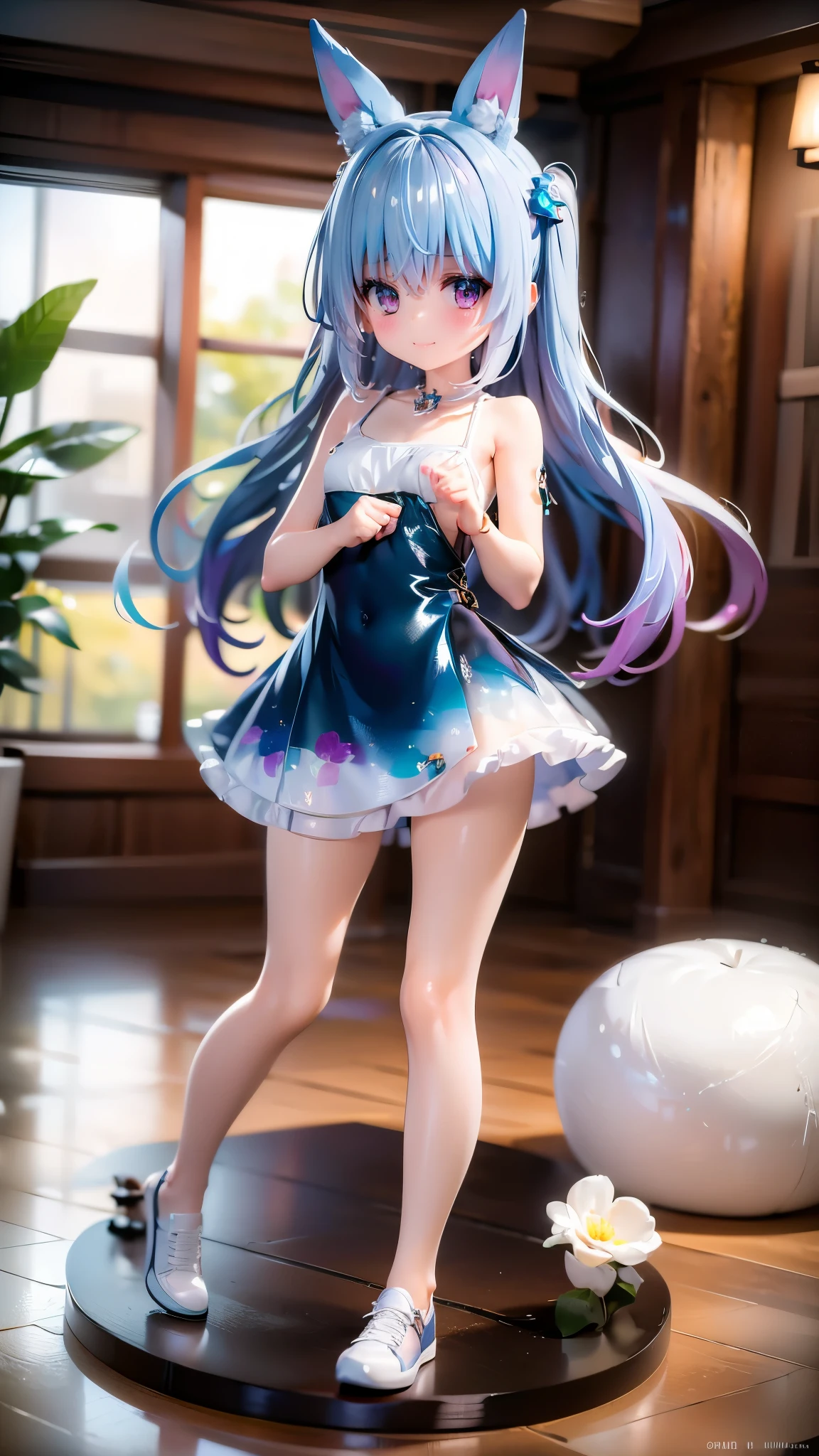 Very cute 12 year old girl、Tank top、camisole、one piece、mini skirt、Long Hair、Slim body、Beautiful legs、Beautiful body、high resolution、8K、(smile)